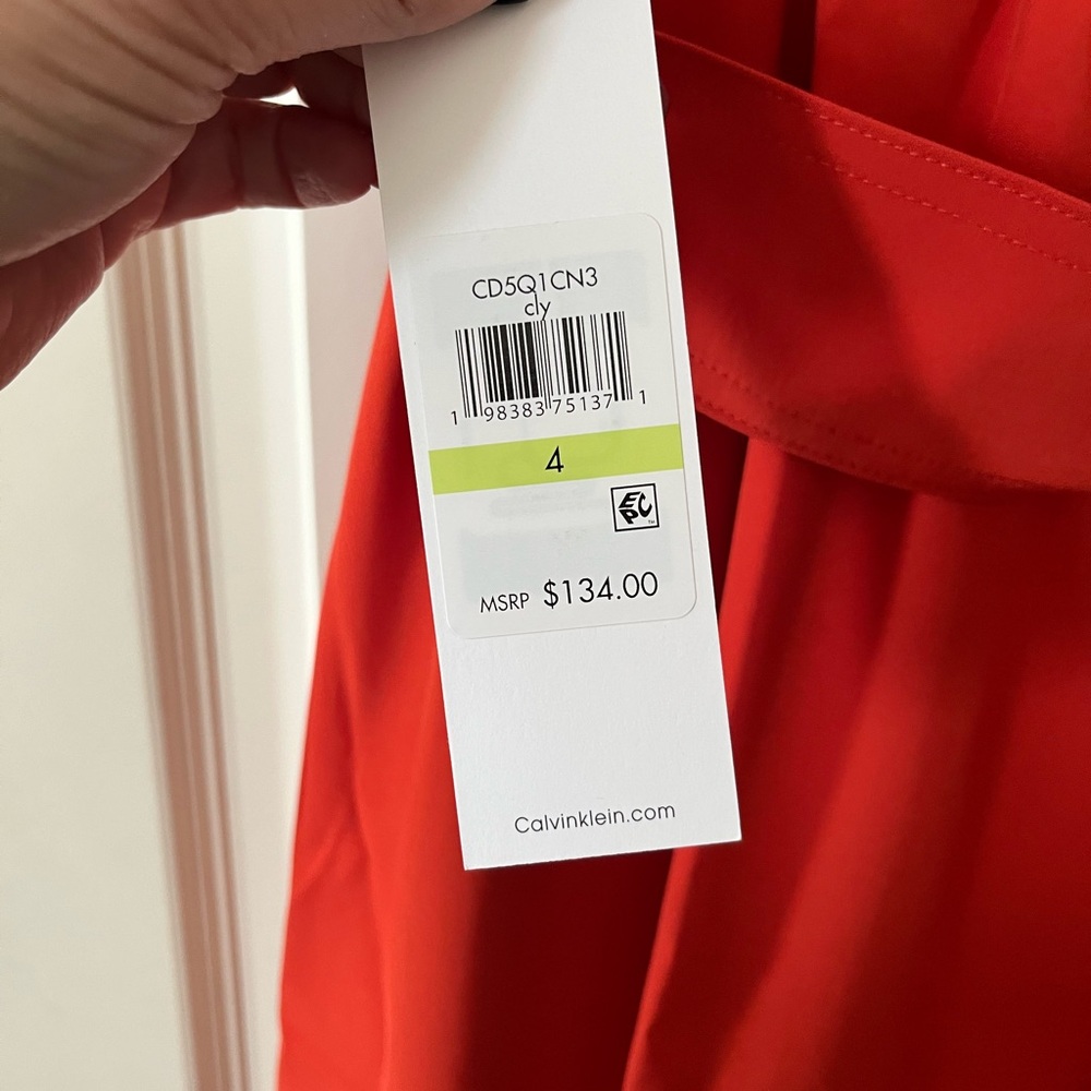 Calvin Klein Vibrant Reddish Orange Midi Dress with Waist Tie Women’s Size 4 - Picture 7 of 16